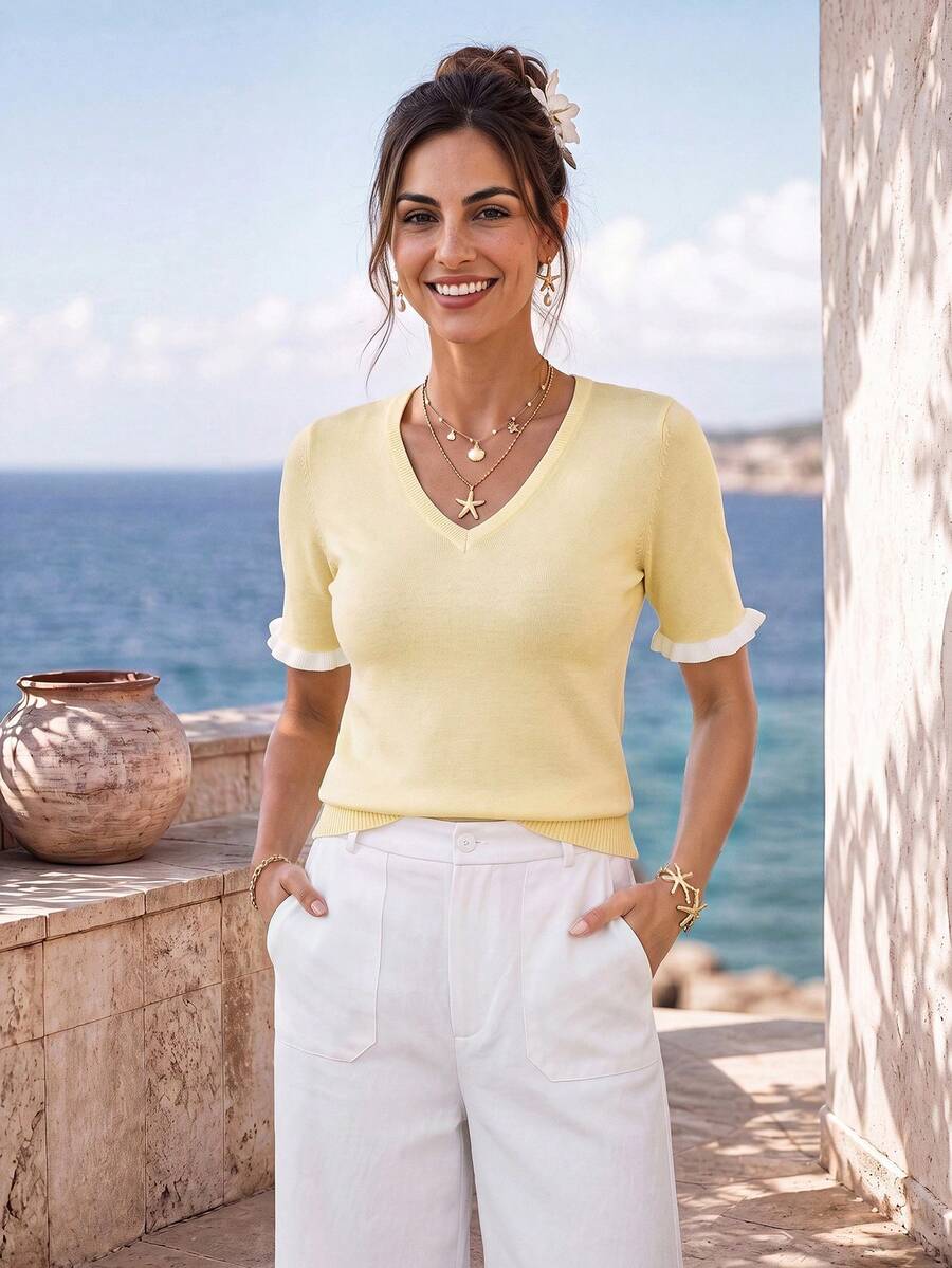 Sylviya Casual Women's Yellow Frill Trim Knit Sweater, Autumn/Winter/Summer - Yellow - View 1