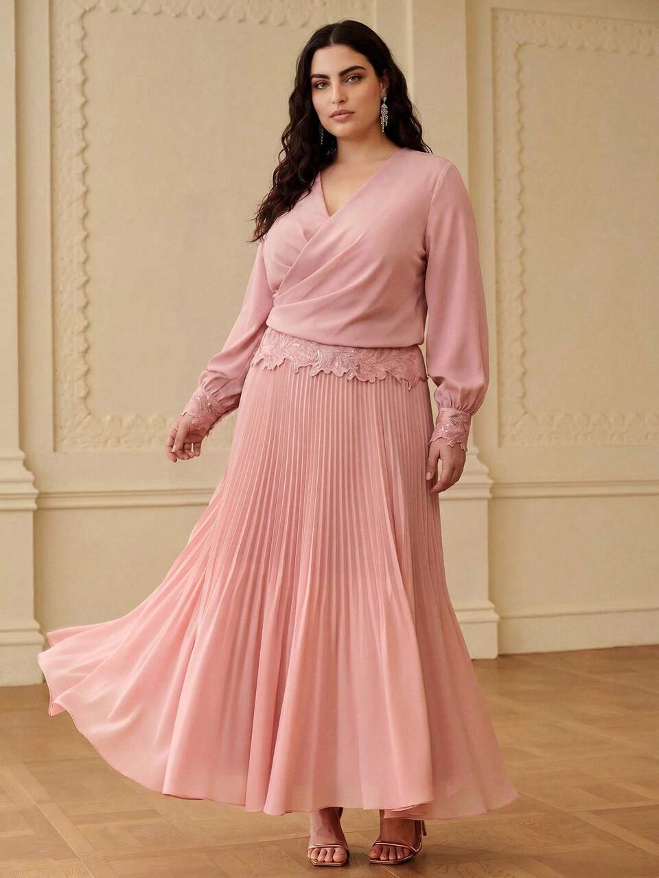 ZEYLAH Plus Size Women's Solid Color V-Neck Pleated Casual Party Dress Fall
