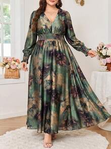 SHEIN Clasi 大尺碼花卉印花抓皺腰度假洋裝 - 綠色 - 查看 3
