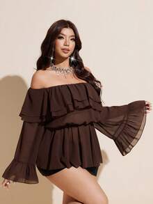 Viva Relle Plus-Size Plus Size Women's Off-Shoulder Double-Layered Ruffled Sensual Top Fall - Brown - View 4