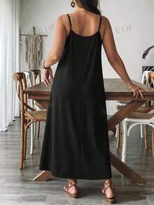 SHEIN VCAY Plus Size Women Summer Casual Elegant Floral Print Sleeveless Dress Evening Formal Vacation Black - Black - View 2
