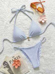 Soleia Women's Retro Striped Print Swimwear Set, Suitable For Beach, Bikini - Multicolor - View 3