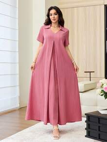 Al Najma Textured Fabric Casual Flared Shirt Collar Daily Women's Arabian Dress - Coral Pink - View 3