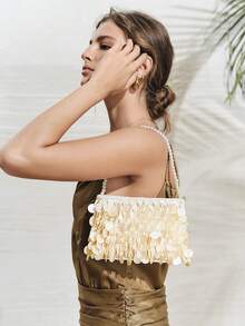 SHECARRY WOMEN'S FASHION BEIGE HANDBAG, EXQUISITE PEARL BEADS, SHELL PIECE DECORATION, SUMMER VACATION, TRAVEL, SEASIDE, BEACH, BOHEMIAN, PARTY - Beige - View 7