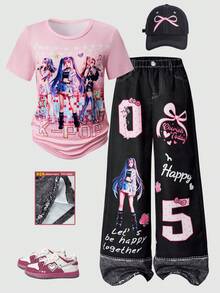 Genkimix Kids 女孩T恤套裝，女團風穿搭，淺粉色短袖上衣搭配甜酷女孩印花，鮮豔吸睛。寬腿長褲配獨特可愛圖案印花，充滿街頭風。甜酷碰撞，輕鬆捕捉夏季活力氛圍，適合外出與上學，隨處吸睛。 - 彩色 - 查看 3