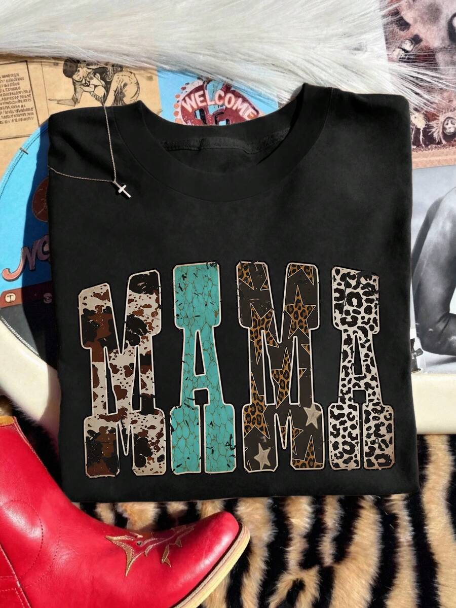 EMERY ROSE Western Wind Leopard Pattern Snake Pattern MAMA Printed Casual Plus Size T-Shirt - Black - View 1