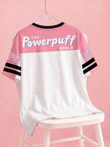THE POWERPUFF GIRLS X SHEIN 少女卡通圖案條紋印花拼色圓領短袖T恤 - 白色 - 查看 2