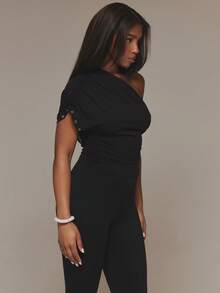 MUSERA Black Cold Shoulder Stud Detail Top Summer Fall Winter Day Outfit Womens Halloween Club Night Out Sexy - Black - View 4