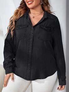 EMERY ROSE Camisa de Mezclilla de Manga Larga con Botones Delanteros, Bolsillo con Solapa y unicolor Minimalista Talla Grande - Negro - Ver 3