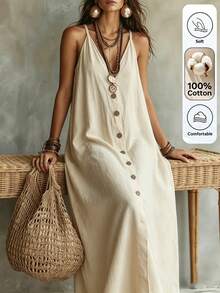Linhara CURVE Women's New Summer Casual Vacation Daily Versatile Long Dress - Apricot - View 1