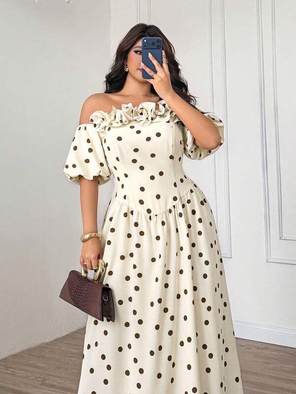 Modelyn Plus Size Women's Polka Dot Off-Shoulder Ruched Casual Party Dress