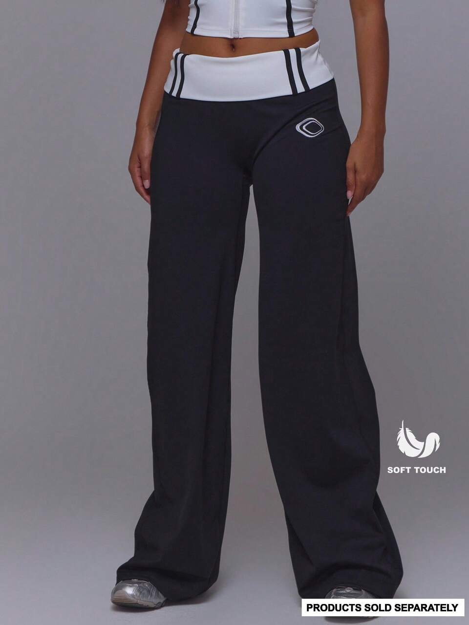 Pantalon droit à taille repliée avec rayures contrastées noires, sport, entraînement, gym, pilates, fitness, décontracté quotidien, mignon, tous les jours, course, vide
