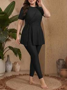 Swim Mulvari Burkini de tela de unicolor conservador para mujer talla grande - Negro - Ver 1