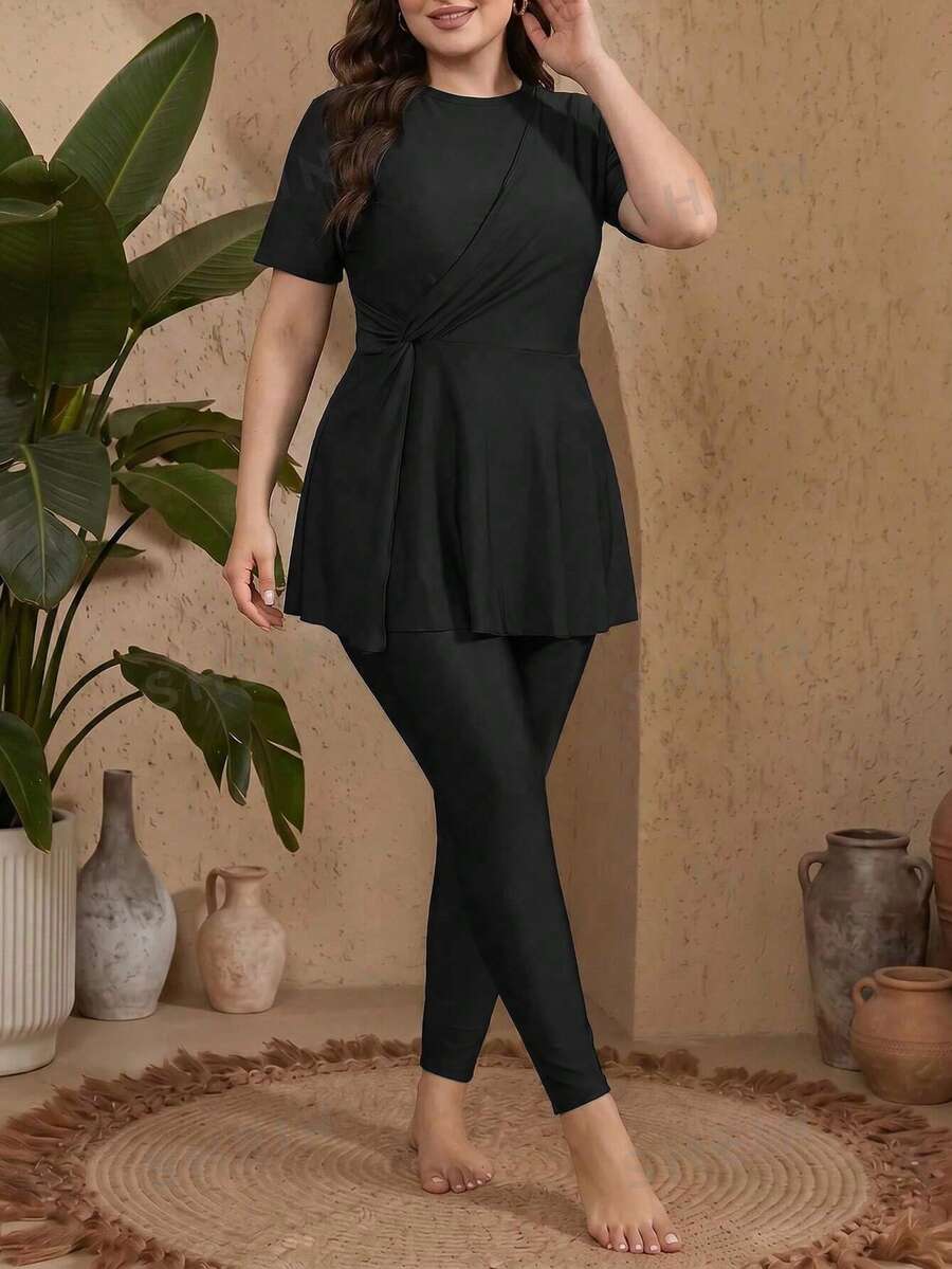 Swim Mulvari Burkini de tela de unicolor conservador para mujer talla grande - Negro - Ver 1