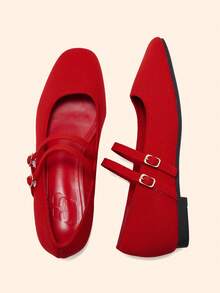 CUCCOO BASICS Women's Shoes Fashion Versatile Square Toe Double Strip Red Flat Shoes Knitted Mary Jane Shoes Fall Shoes - Red - View 4