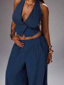 Rustia Plus Size Women's Striped 2 Pieces Set, Blue And White Striped Vest And Wide Leg Pants, Casual Sexy Commute Fashion Going Out Vacation Summer - Blue - View 5