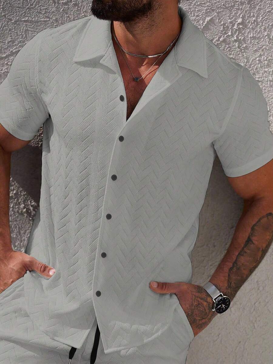 Manfinity Homme Men's Summer Casual Solid Color Short Sleeve Shirt - Grey - View 1