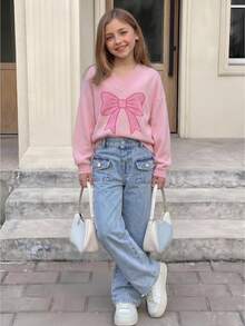 SHEIN Young Girls Casual Style Denim Jeans, Spring/Summer/Autumn/Winter, Dark Blue, Dual Pocket Design, Loose Wide Leg Fit, Soft And Comfortable Fabric, Suitable For School, Commuting And Daily Outings - Light Wash - View 4