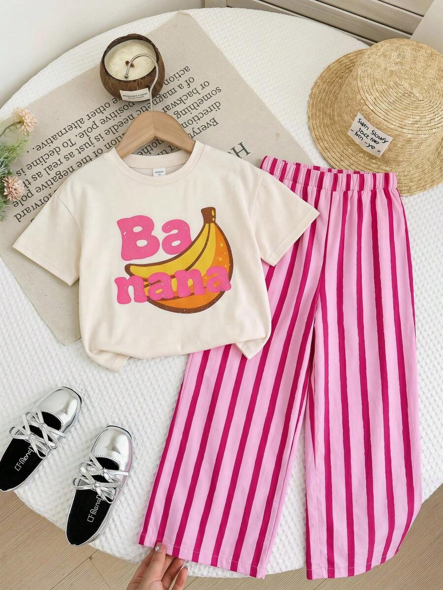 SHEIN LMoss Kids 少女香蕉字母印花T恤條紋長褲套裝 - 彩色 - 查看 1