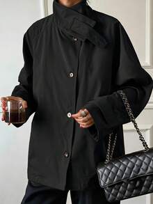 DAZY Jaket Wanita Regular Fit Longgar Bahu Jatuh Lengan Pendek Kancing Depan Kerah Tegak Warna Hitam Polos, Musim Panas & Gugur - Hitam - View 4