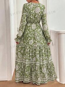 SHEIN Holidaya Front Lace Up Long Sleeve Pleated All-Over Print Maxi Casual Dress For New Year Clothes - Green - View 2