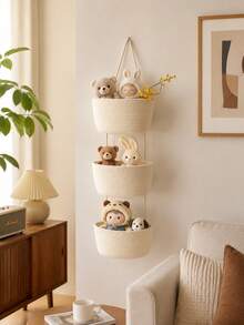 Wall-Mounted Storage Basket, Three-Tiered, Wall-Mounted Dormitory Room Organizer, Cotton-Woven Basket, Fits Behind Doors. - White - View 5