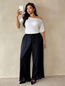 Auralis Plus Size Women's Solid Color Waist Tie Wide Leg Loose Pants Decent Traditional Casual Office Dates Wedding Guest Night Formal Lace Trim Black Autumn - Black - View 3