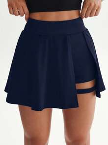 Dewbera Dewbera Women's Summer Tennis Skirt Elastic High Waist Tummy Control Slit A-Line Hem Built-In Shorts Athletic Modest Athleisure Skort Gym Navy Blue - Navy Blue - View 7