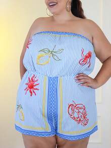 Pretty and Ole Plus Size Women Summer Casual Loose Halter Wide Leg Striped Print Jumpsuit For Beach & Vacation - Blue and White - View 4