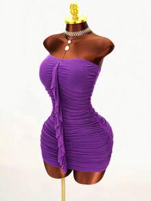 Mistrie Deep Purple Strapless Dress With Pleated Design, Ruffle Hem, Fitted Bodycon Sexy Party Night Out Mini Dress Summer - Purple - View 1
