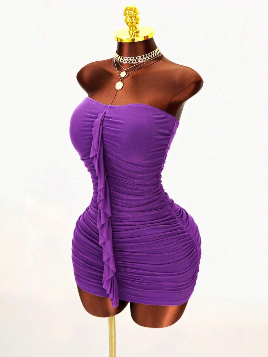 Mistrie Deep Purple Strapless Dress With Pleated Design, Ruffle Hem, Fitted Bodycon Sexy Party Night Out Mini Dress Summer - Purple - View 1