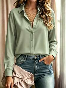 SHEIN Clasi 女士纯色落肩长袖单排扣休闲宽松衬衫 - 橄欖綠 - 查看 3