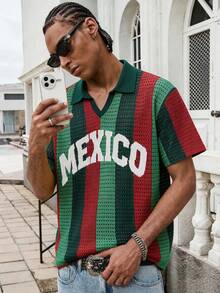 GALLERY FADE Camiseta de punto de manga corta con estampado de letras y rayas de color contrastante para hombre - Verde Oscuro - Ver 1