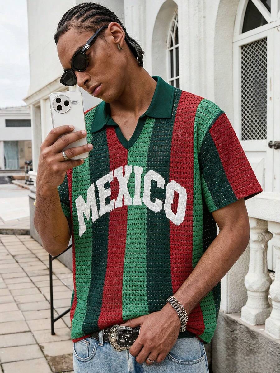 GALLERY FADE Camiseta de punto de manga corta con estampado de letras y rayas de color contrastante para hombre - Verde Oscuro - Ver 1