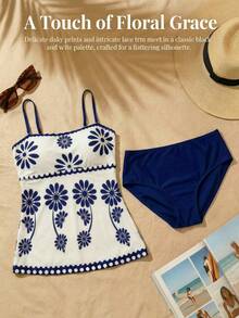 SHEIN Swim Women's White And Blue Floral Bikini 2Pcs Set,80s Summer Bustier Crop Top,Solid Triangle Swimsuit,Elegant Holiday Pool Party Swimwear,Holiday Beach - Multicolor - View 5
