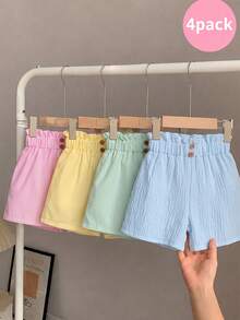 SHEIN Sparklyn 4件組女童條紋鬆緊腰寬鬆夏季短褲套裝 返校季 - 彩色 - 查看 3