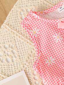 SHEIN Elladie kids 女童新款清新田園風精緻碎花兩件套，棕色蝴蝶結裝飾無袖背心上衣 + 同款碎花寬腿長褲，甜美可愛時尚日常穿搭，夏季 - 粉色 - 查看 4