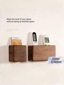 1PC Small Solid Wood No Drill Wall Mounted Storage Box Remote Control Holder Phone Charging Stand Natural Home Organizer For Living Room Trending Floating Shelves - multicolor - View 1