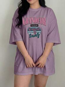 Dazy Plus Kaos Kasual Longgar Leher Bulat dengan Cetakan Huruf Grafis untuk Anak Perempuan, Atasan Lucu Musim Semi/Panas, Kaos Oversize untuk Wanita - Dusty Purple - View 5