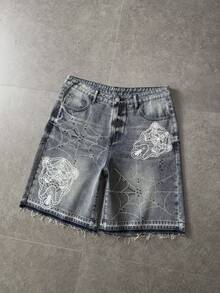 ROMWE MEN Shorts de mezclilla con estampado oscuro y pedrería para hombre - Bronce - Ver 5