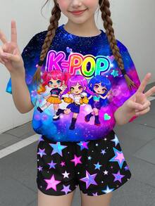 兒童小女孩卡通女團印花 K-Pop 超級巨星 紮染短袖上衣與短褲兩件套，適合夏季，圖案設計，可愛舒適 - 彩色 - 查看 3
