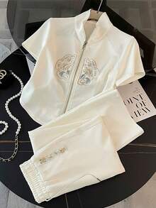 Franclia Collared Raglan Short Sleeve Cardigan Top + Casual Pants Set - Apricot - View 3