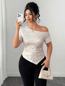 Elenzga Camiseta de mujer talla grande con estampado de encaje, tela de punto, dobladillo asimétrico, cuello asimétrico, manga corta, cintura ceñida, corte A, casual, elegante, cómoda, de moda para uso diario, hogar, vacaciones en la playa, fiesta romántica, cita, invitada a boda, trabajo, versátil, beige blanco - Multicolor - Ver 3