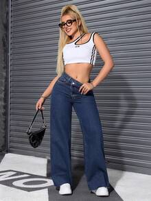 SHEIN ICON 女款休閒百搭日常牛仔褲，附口袋與鈕扣設計 - 深色水洗藍 - 查看 6
