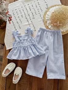 Emery Rose Kids Emery Rose Kids 女童蝴蝶結裝飾百褶條紋上衣與長褲休閒日常套裝 - 藍白色 - 查看 8