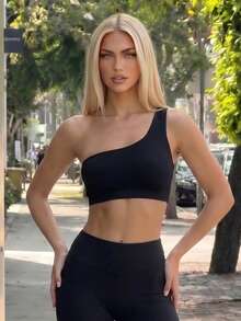 Menodora SHEIN Sport Menodora SHEIN Sport 女士黑色针织高弹力休闲运动露背单肩短款上衣文胸 - 黑色 - 查看 5