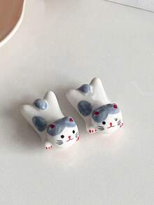 2pcs Ceramic Cat Shaped Chopstick Rest Holder, Cute Ins-Style Kitty Utensil Stand, Creative Tabletop Decor Stationery Holder - Multicolor - View 8