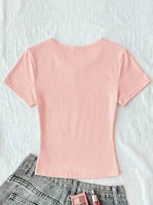 SHEIN Tween Girl Tween Girls Pink V-Neck Ruched Chest Lace Patchwork Short Sleeve T-Shirt - Pink - View 2