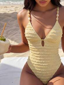 SHEIN Swim 純色優雅度假女款連身泳衣，珠飾裝飾，交叉背帶設計，適合海灘度假、返校季與畢業季 - 黃色 - 查看 3