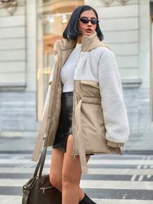 EURMUSE Faux Fur Jacket – Ultra-Warm Cropped Design With Plush Velvet Texture, Oversized Collar & Quilted - Beige - View 5